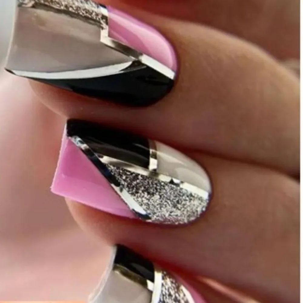3for$20 24pcs Short Square Pink Black Color Geometric Silver Color Glitter